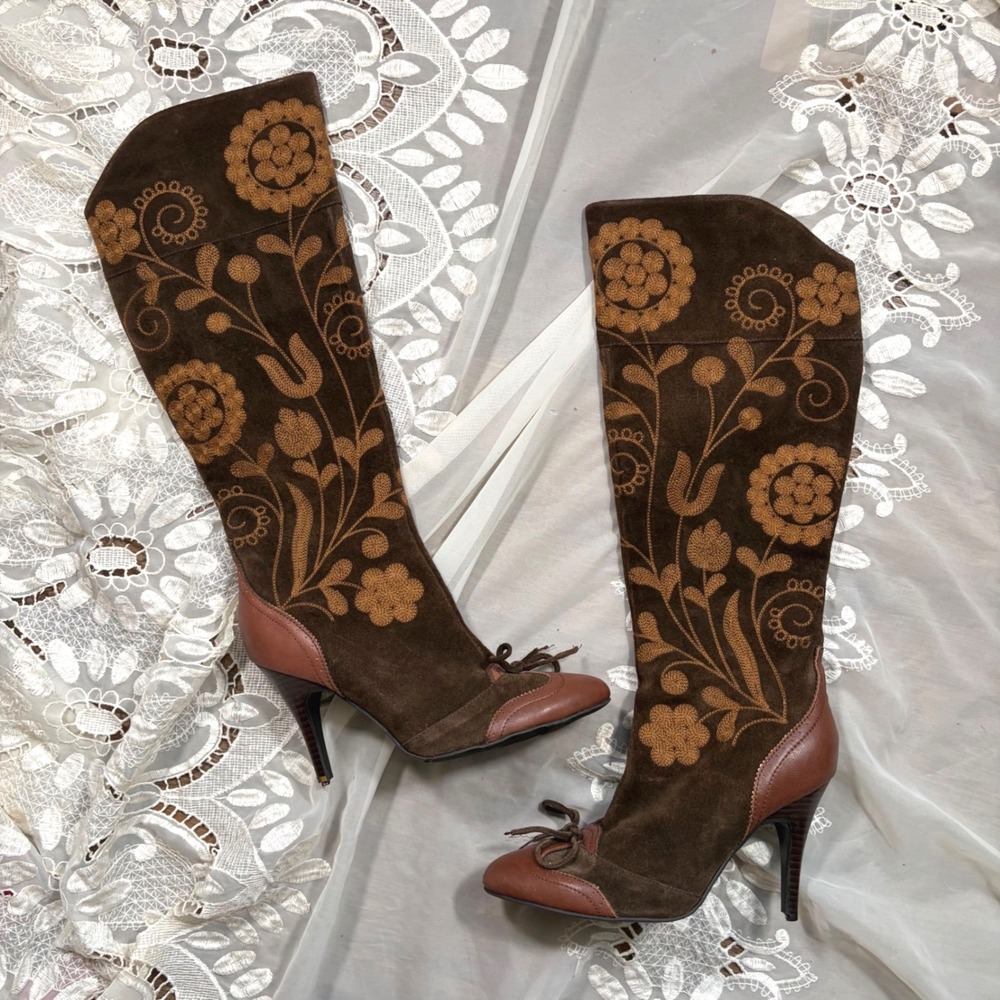 Vintage Boho Sam Edelman Brown Suede Floral Embroidered Tall Boots Leather 8M